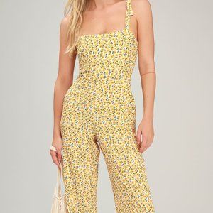 Faithfull The Brand Frankie Yellow Floral Print Tie-Strap Jumpsuit Size 6/M